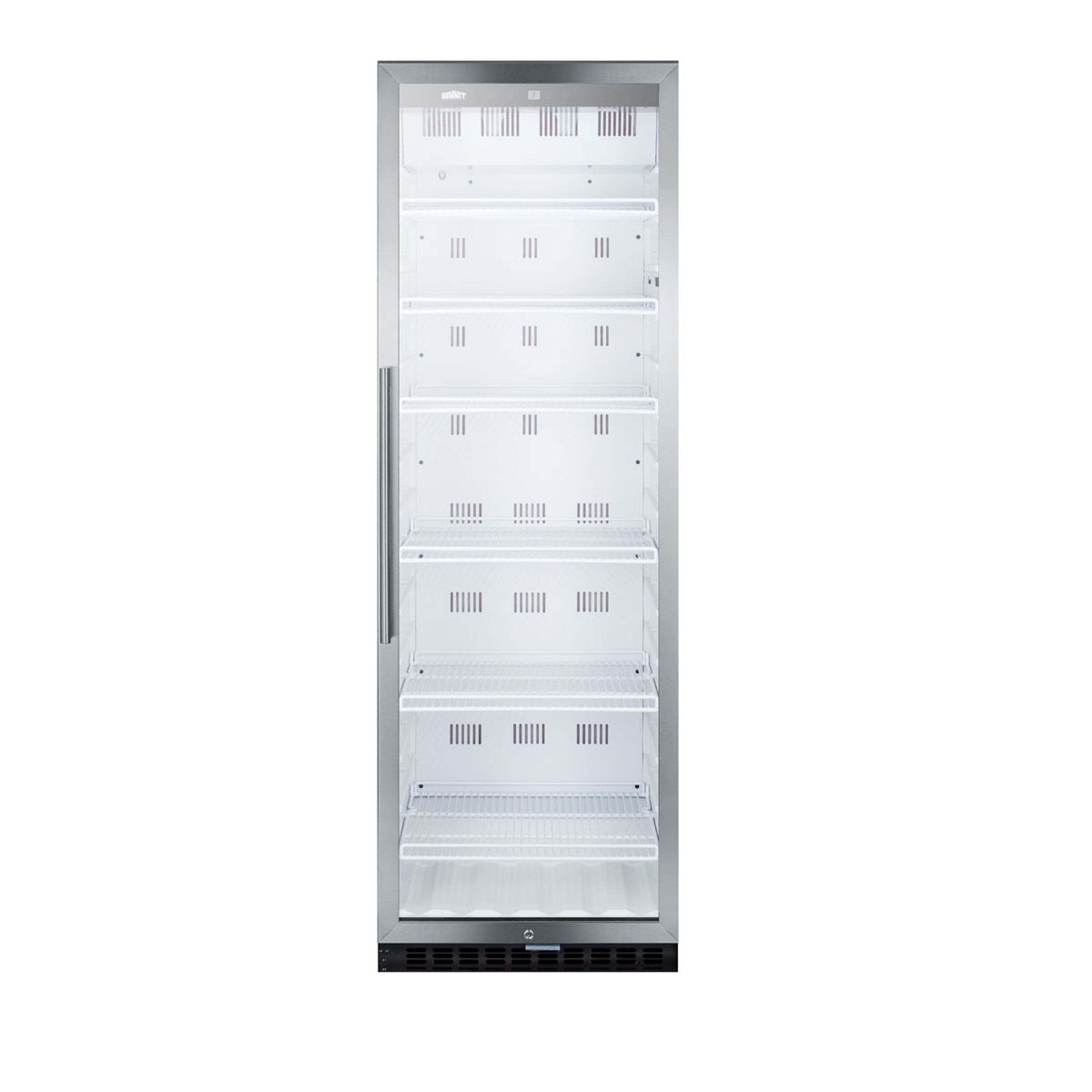 Commercial beverage merchandiser designed for the display and refrigeration of beverages and sealed food, with 12.6 cu.ft. capacity, digital thermostat and self-closing door; replaces SCR1400
